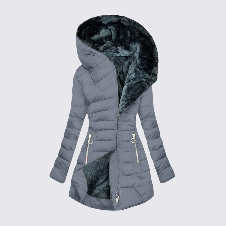 Grey fitted quilted jacket with a hood and dark faux fur lining, shown open at the front