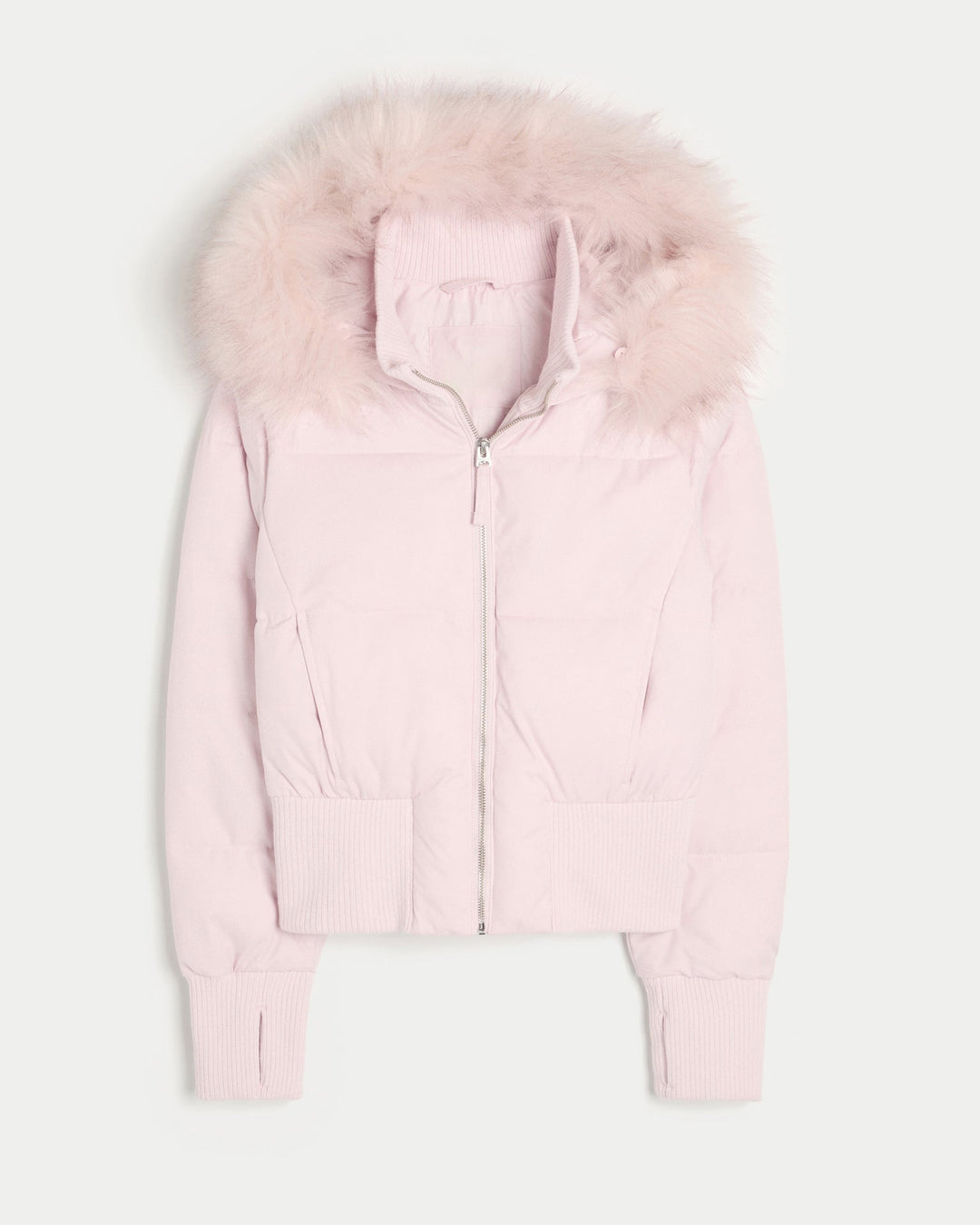 Pink cropped puffer jacket laid flat with a faux fur hood trim