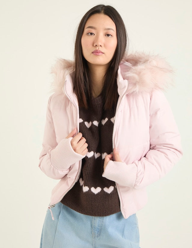 Pink cropped puffer jacket with a faux fur trimmed hood, front view