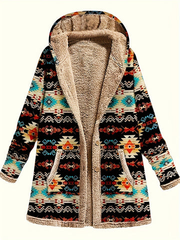 Geometric Print Hooded Coat