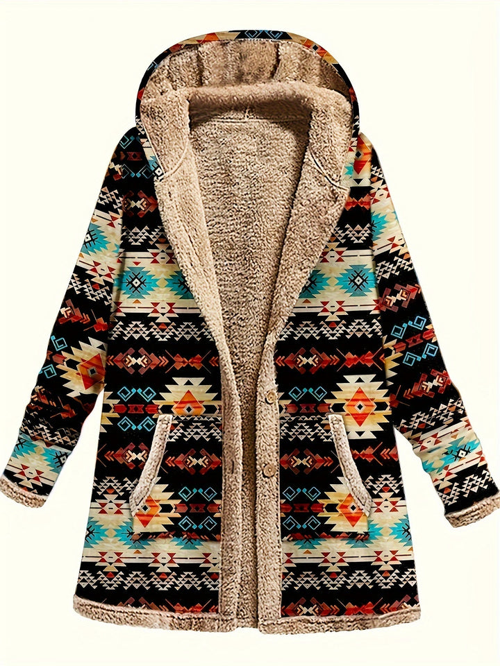 Geometric Print Hooded Coat | Valenira