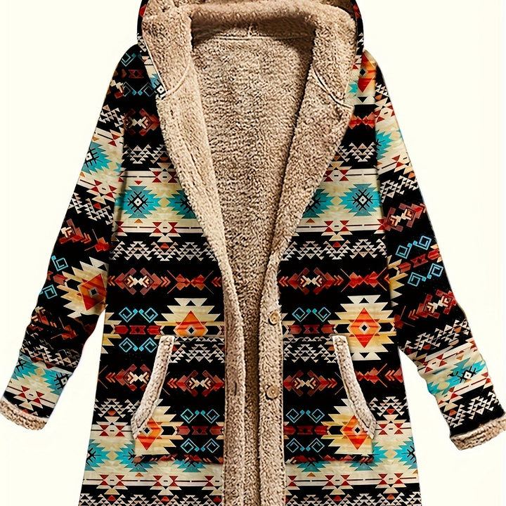 Geometric Print Hooded Coat in Multicolor | Valenira