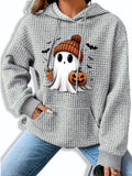 Gray waffle knit hoodie with a ghost in an orange beanie holding a pumpkin, front view