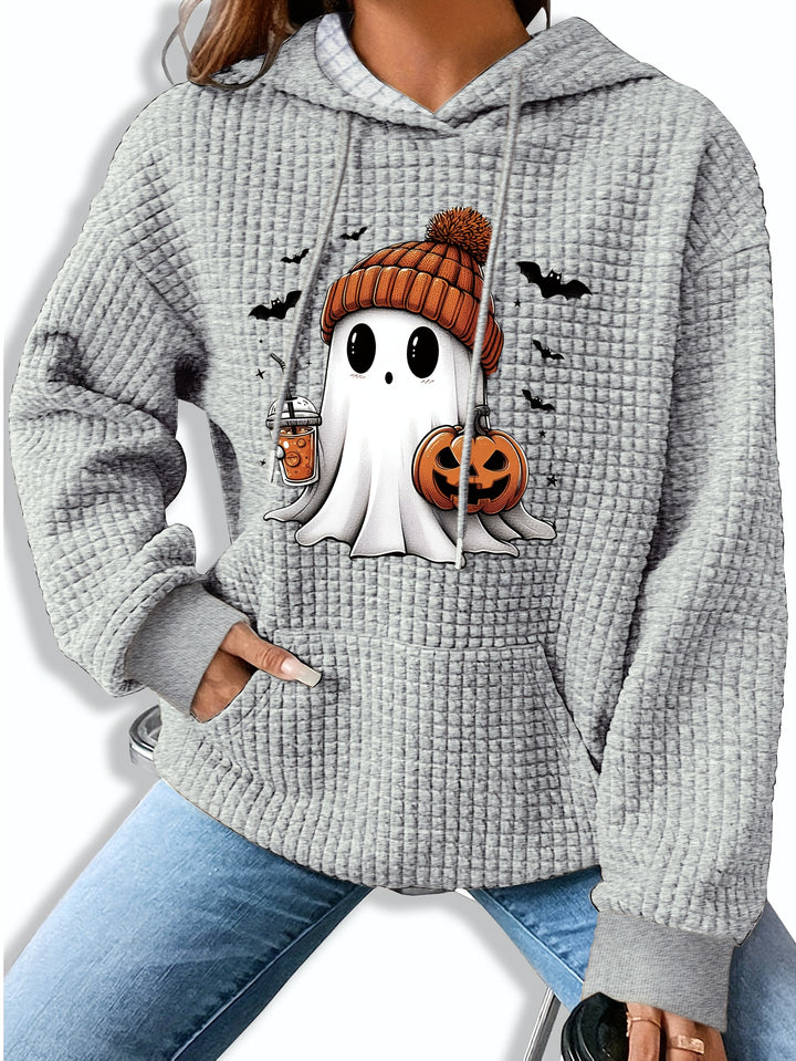 Gray waffle knit hoodie with a ghost in an orange beanie holding a pumpkin, front view