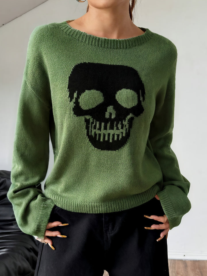 Green crew neck knit sweater with a large black skull graphic on the front