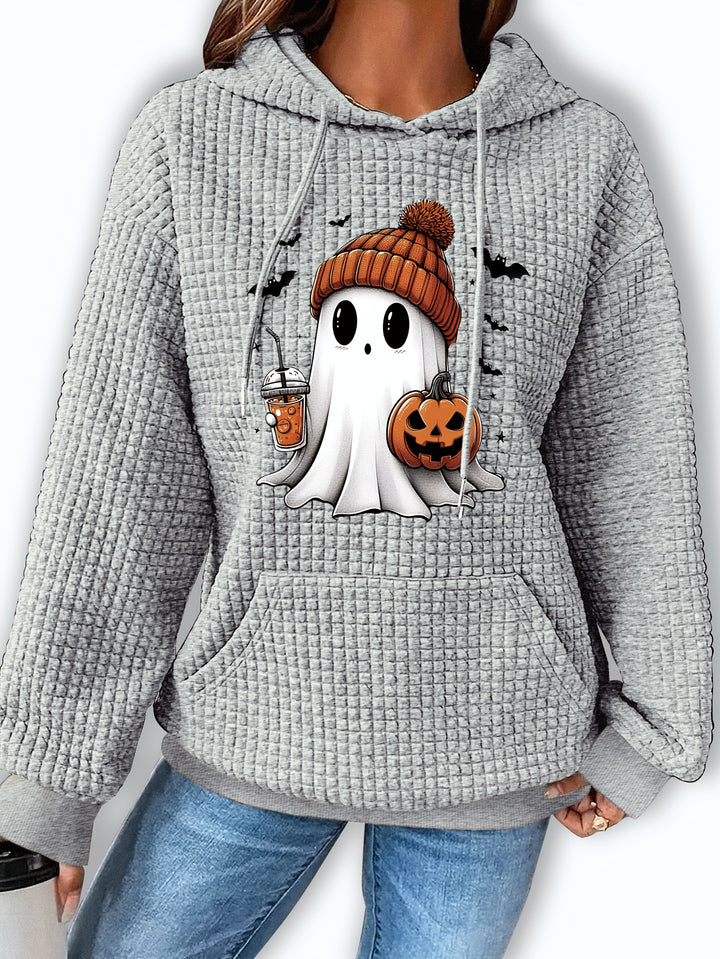 Grey waffle knit hoodie with a ghost, pumpkin and iced coffee graphic print