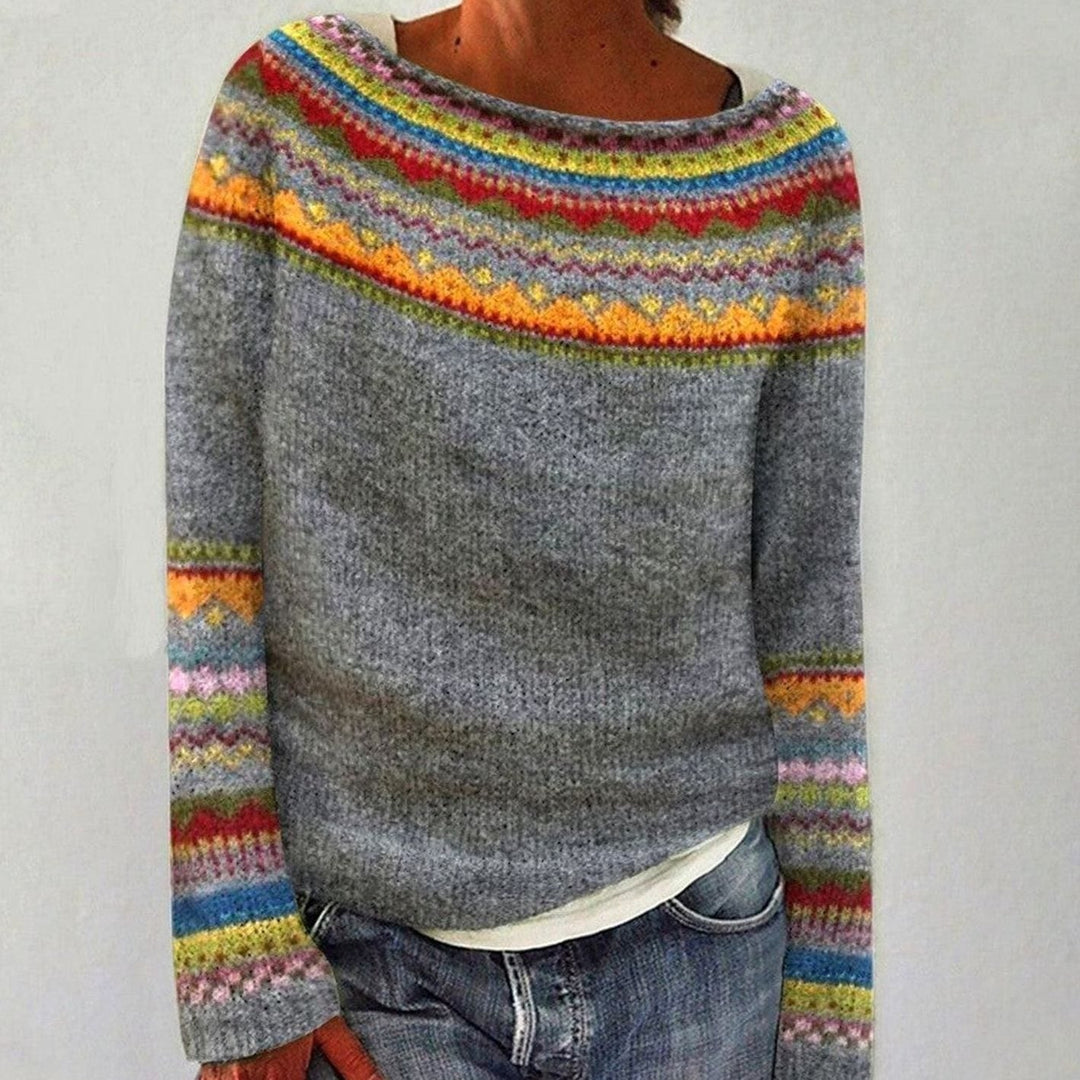 Gray knit sweater with a multicolour fair isle yoke and patterned sleeve cuffs