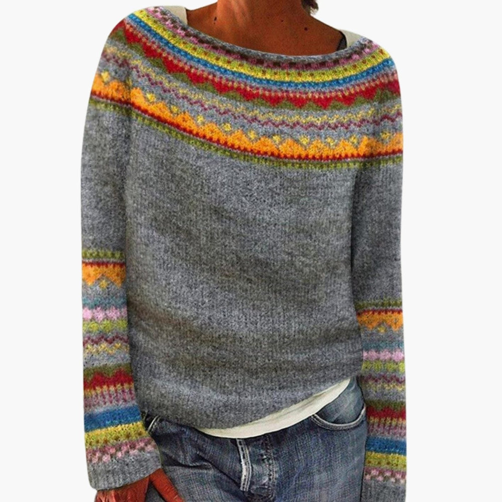 Grey boat neck sweater with a multicoloured fair isle yoke and patterned cuffs