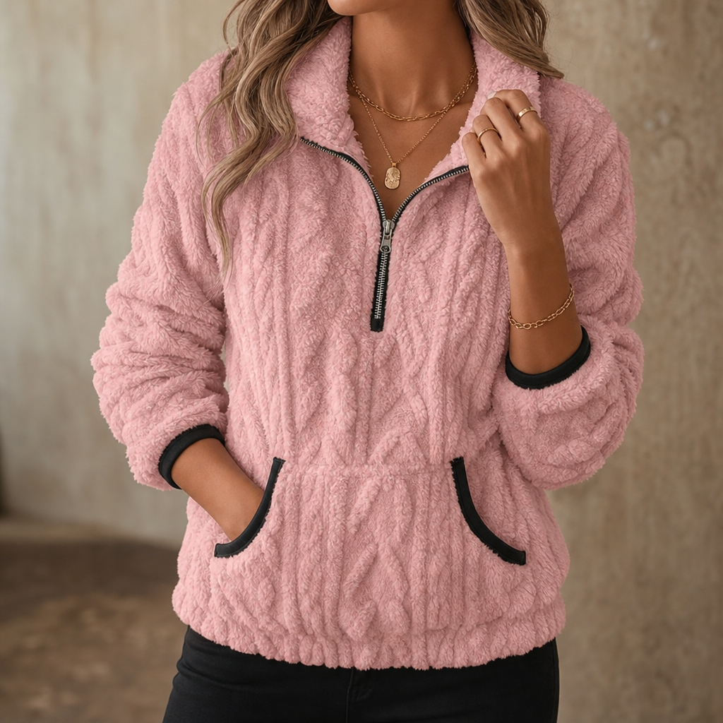 Pink plush fleece pullover worn with black leggings