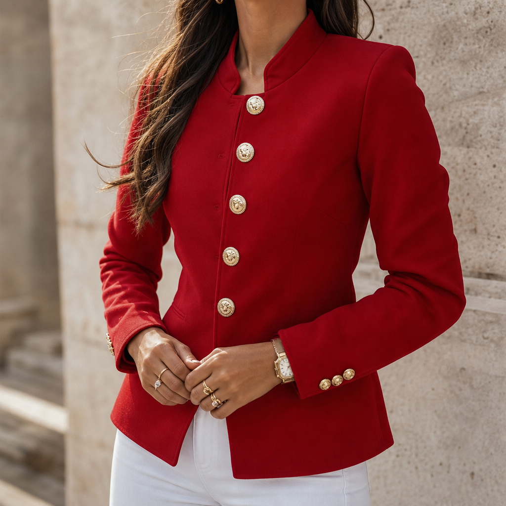 Red military blazer with a fitted waist and gold button cuffs