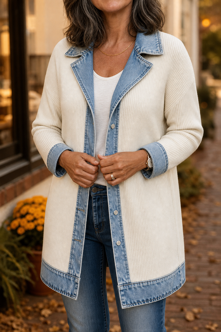 Cream denim trim knit coat worn over a white top with jeans