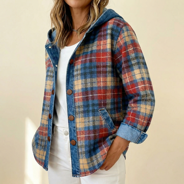 Denim Trim Plaid Hooded Jacket