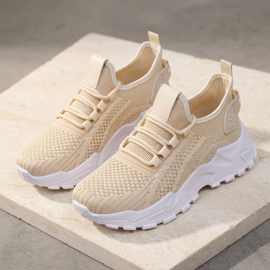 Pair of beige knit sneakers with white soles displayed on a stone block