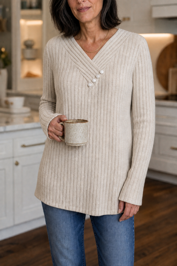 Ribbed V Neck Button Detail Sweater