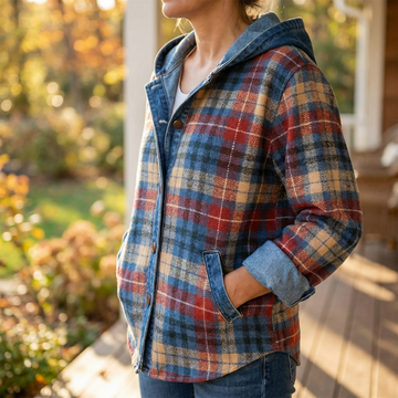Denim Trim Plaid Hooded Jacket