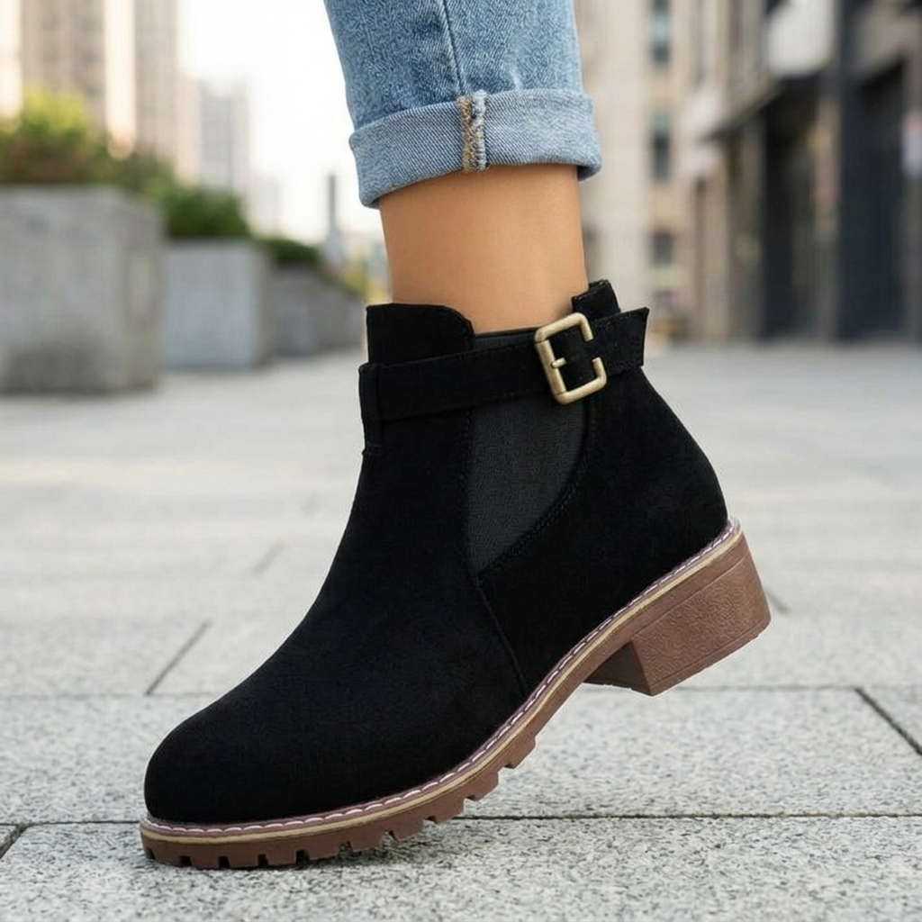 Black suede ankle boot with a gold buckle strap and a stacked brown heel