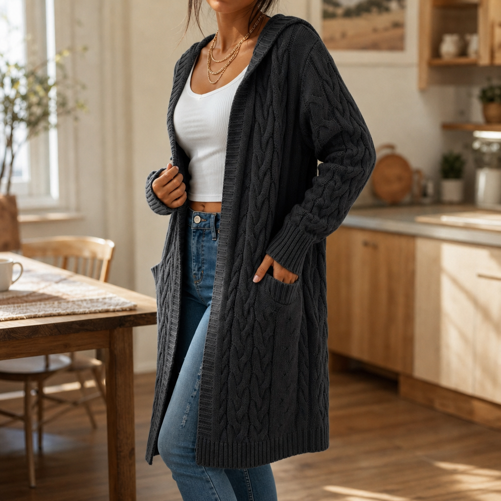 Hooded Longline Cable Knit Cardigan