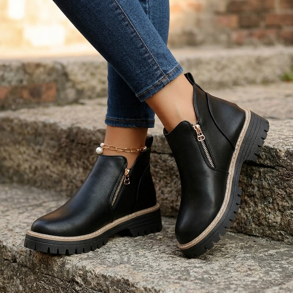 Black ankle boots with gold side zips and lug platform soles worn with jeans