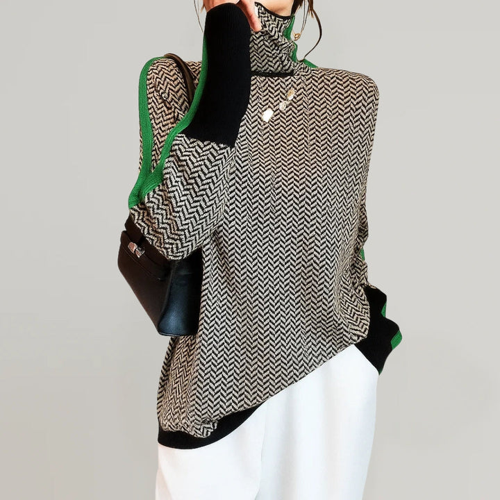 Herringbone Funnel Neck Sweater in Black | Valenira