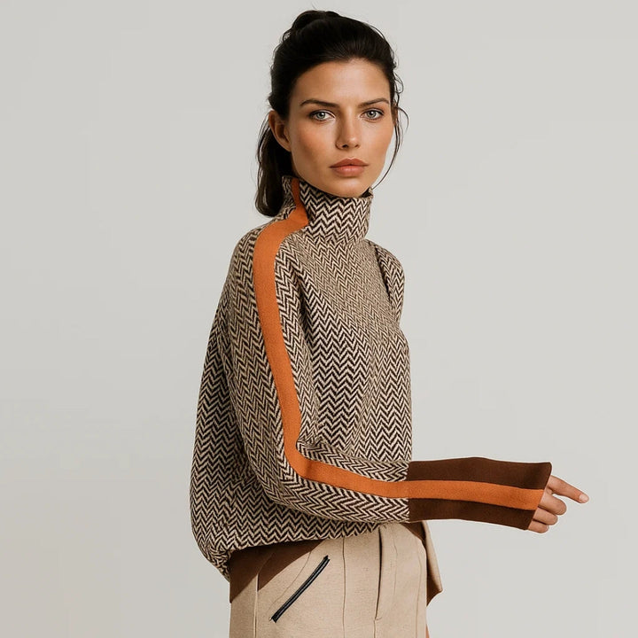 Herringbone Funnel Neck Sweater in Brown | Valenira