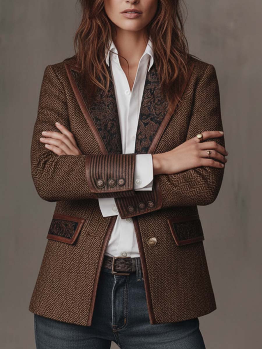 Brown herringbone blazer, front view with arms crossed showing ribbed cuffs