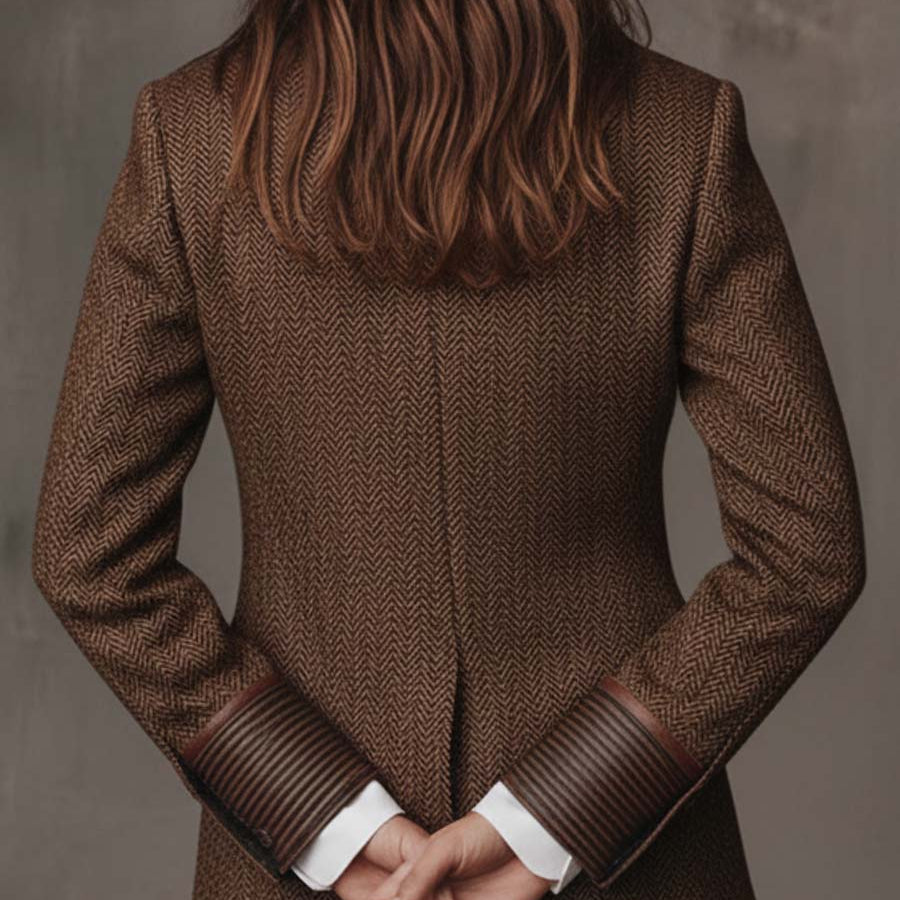 Back view of the brown herringbone blazer with ribbed cuffs