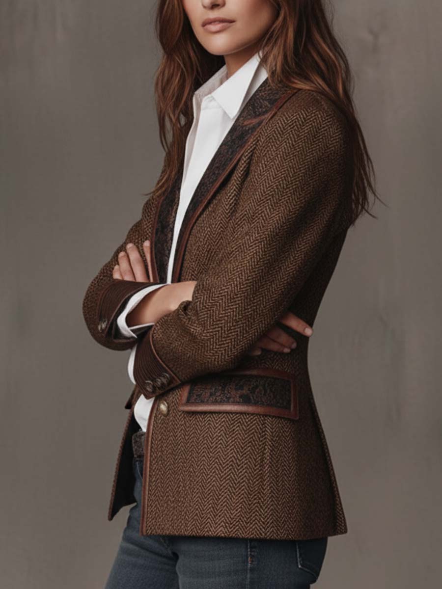 Brown herringbone blazer, side view with a paisley flap pocket