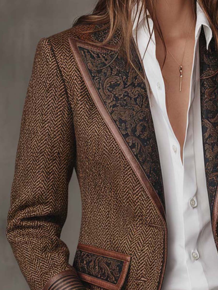 Close-up of the paisley lapel and contrast piping