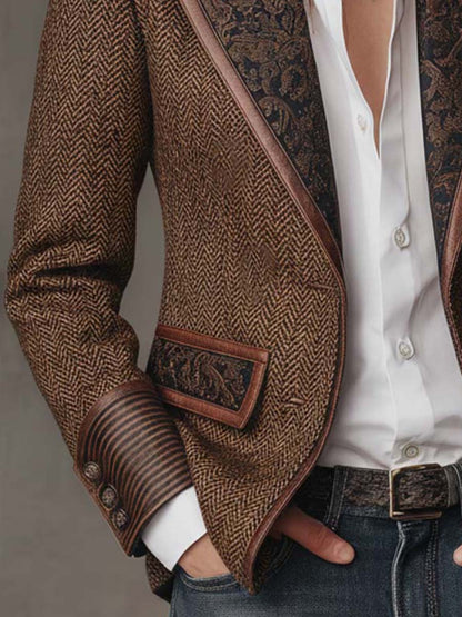 Close-up of the paisley flap pocket and ribbed button cuff