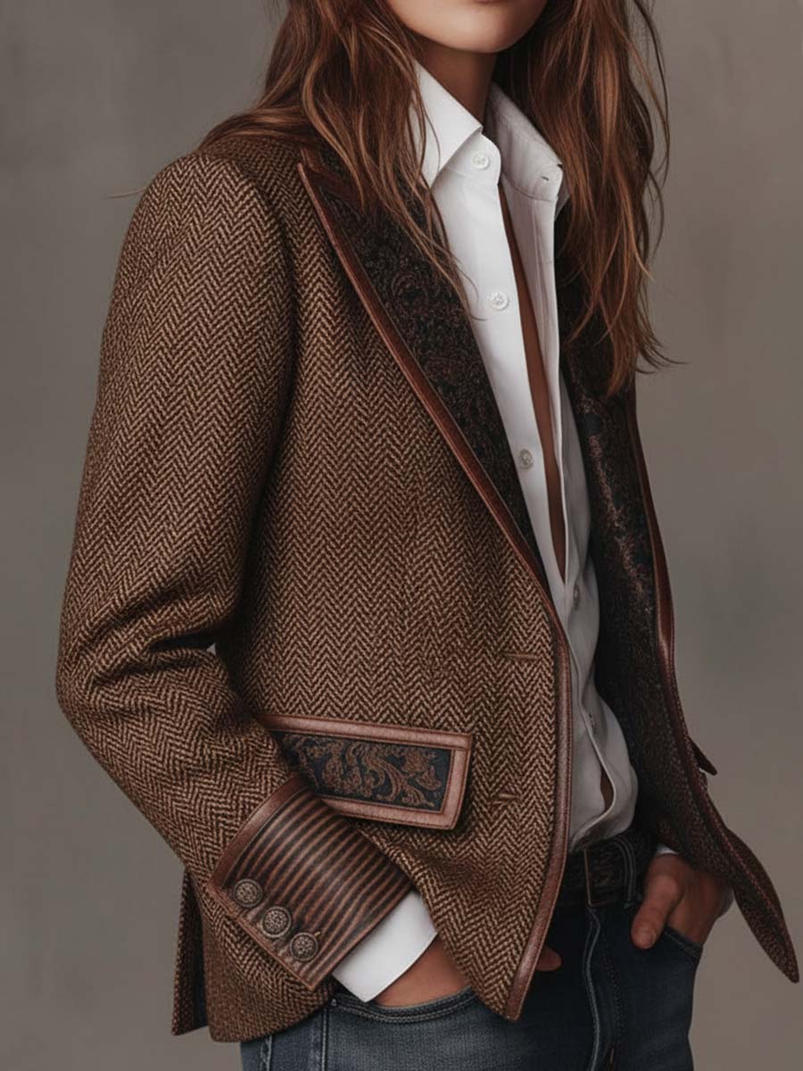 Brown herringbone blazer, three-quarter view worn open