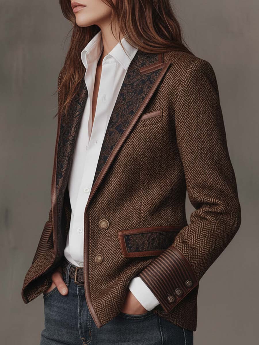 Brown herringbone blazer with a hand in the pocket, side view