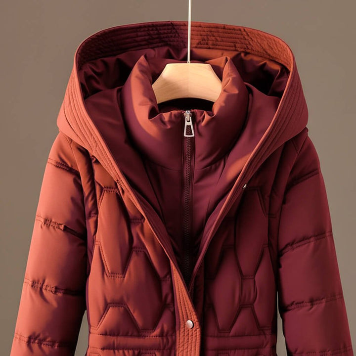 Close up of the hood and upper body of the rust red quilted coat