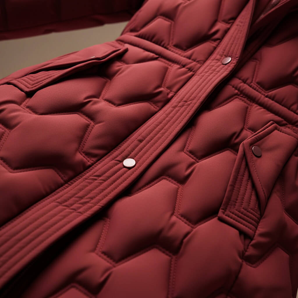 Close up of the front placket and hip pocket on the quilted coat