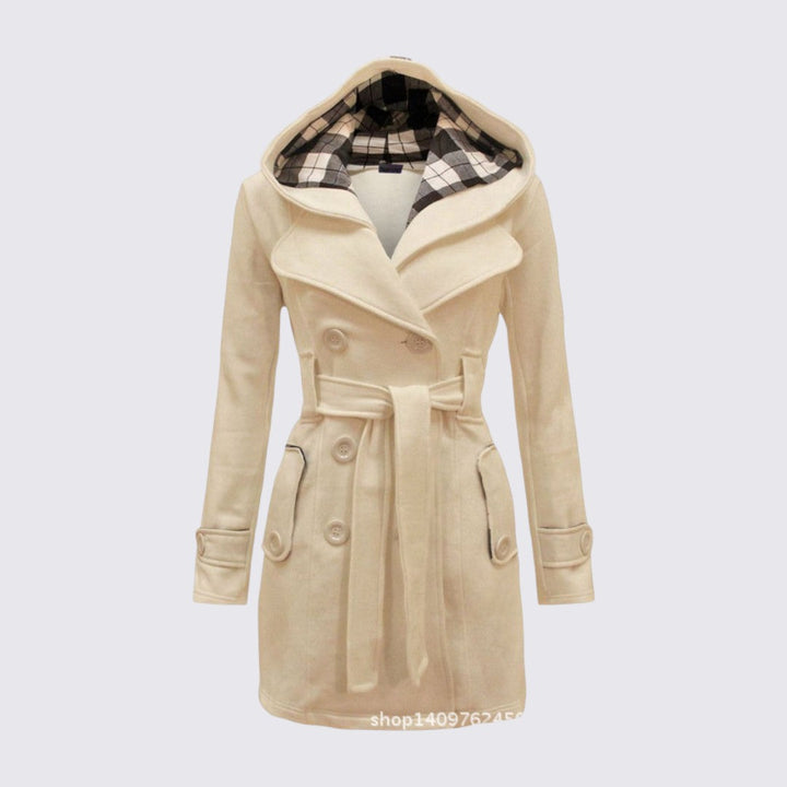 Cream hooded trench coat with tie belt, double button front and plaid lined hood