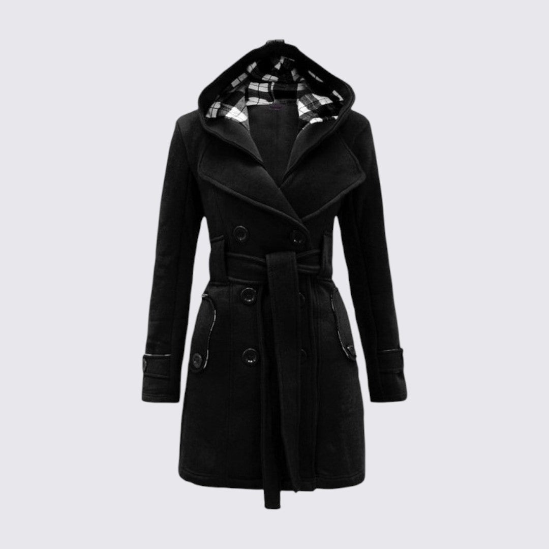 Black hooded trench coat with tie belt, double button front and plaid lined hood