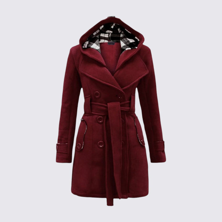Burgundy hooded coat with a belt, double buttons and a checked lining in the hood