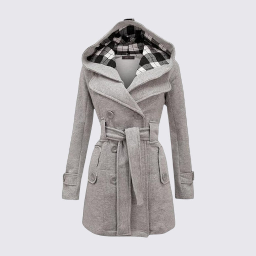 Light grey hooded trench coat with tie belt and plaid lined hood