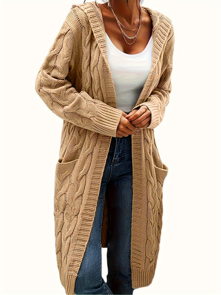 Hooded Cable Knit Cardigan in Camel | Valenira