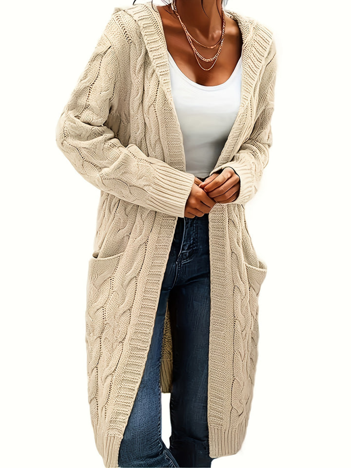 Hooded Cable Knit Cardigan in Cream | Valenira