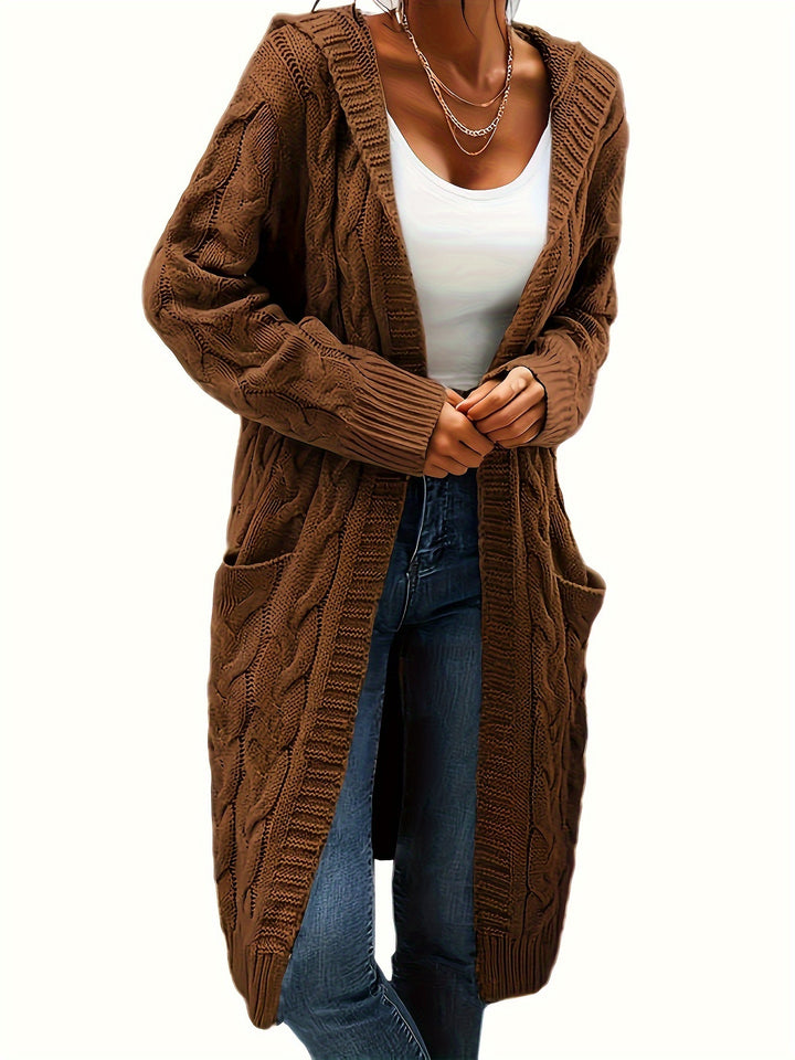 Hooded Cable Knit Cardigan in Dark Brown | Valenira