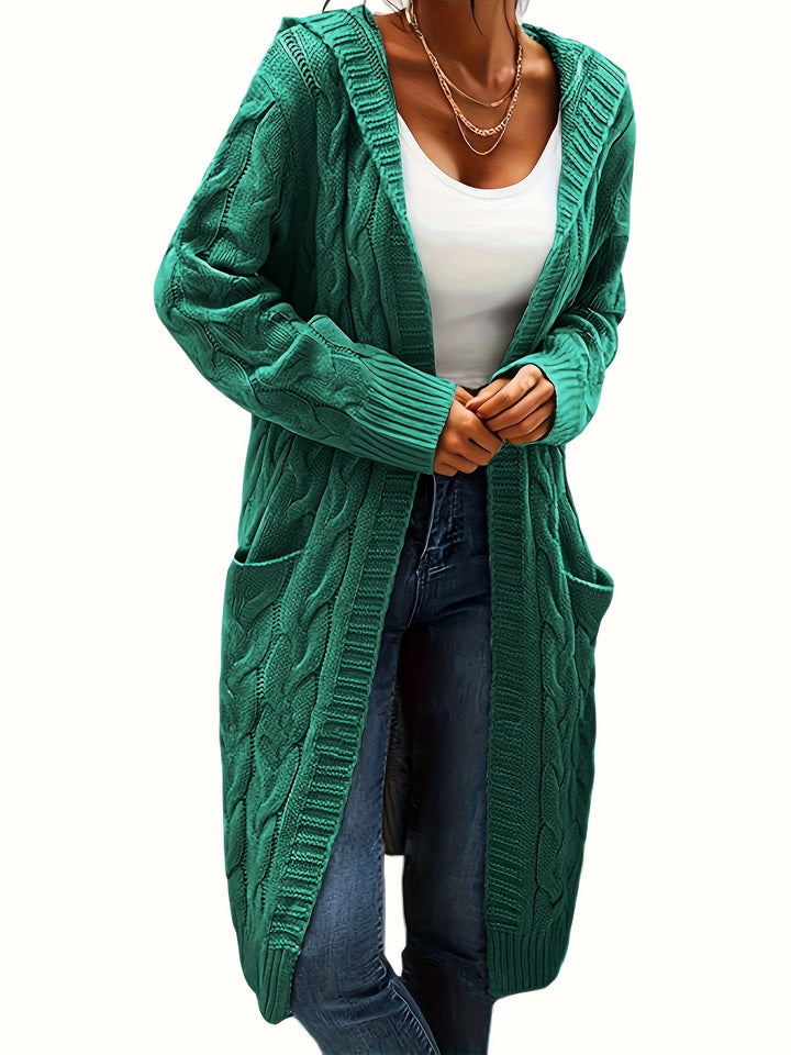 Hooded Cable Knit Cardigan in Dark Green | Valenira