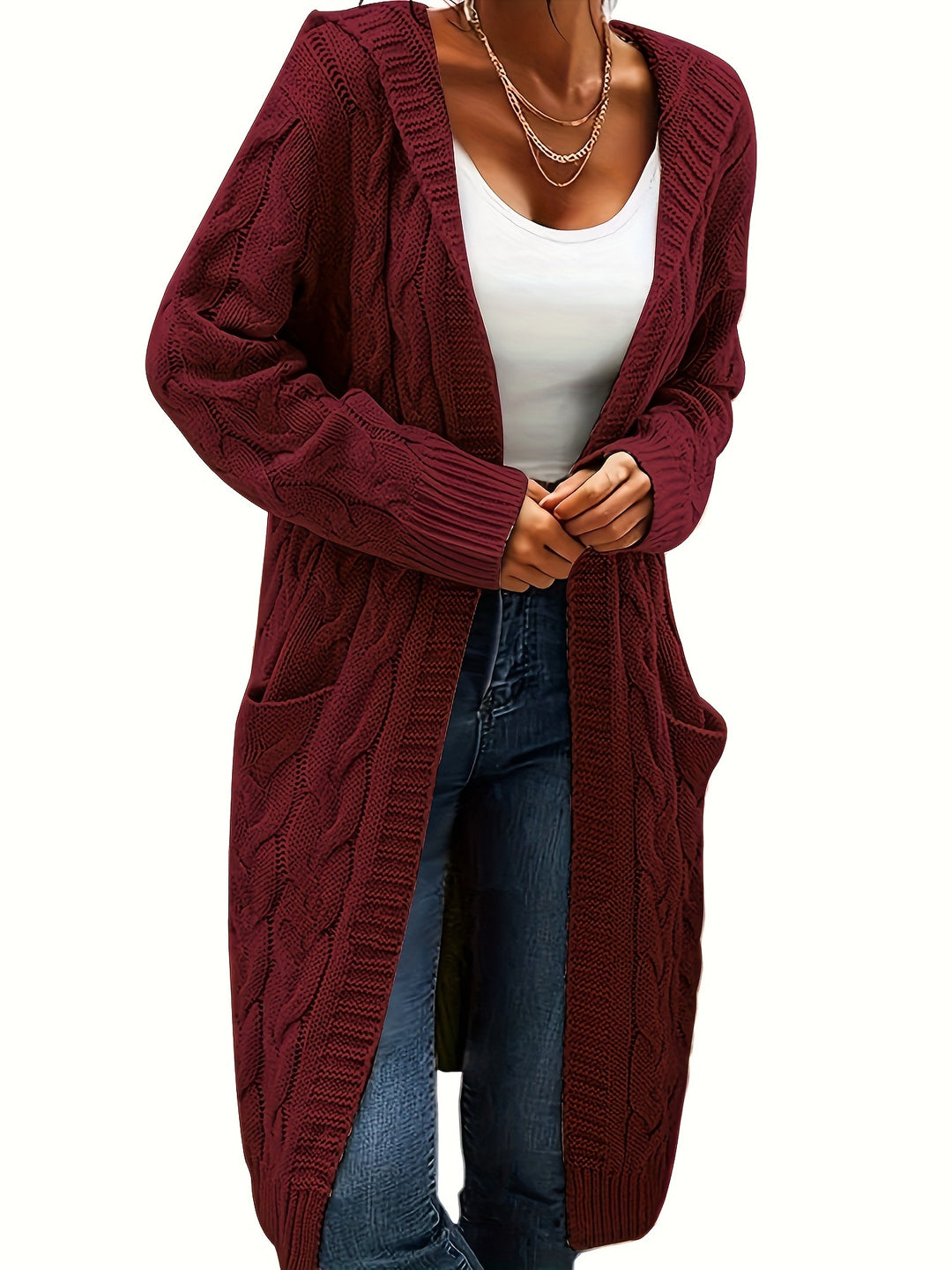 Hooded Cable Knit Cardigan in Deep Red | Valenira
