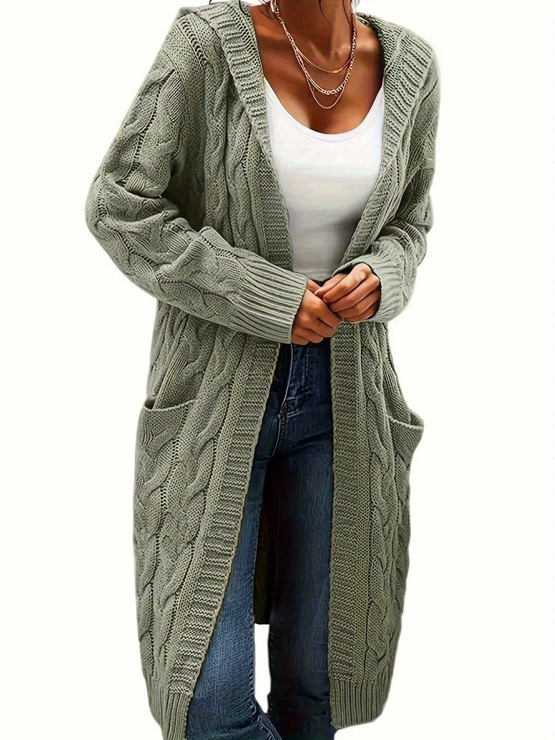 Hooded Cable Knit Cardigan in Green | Valenira