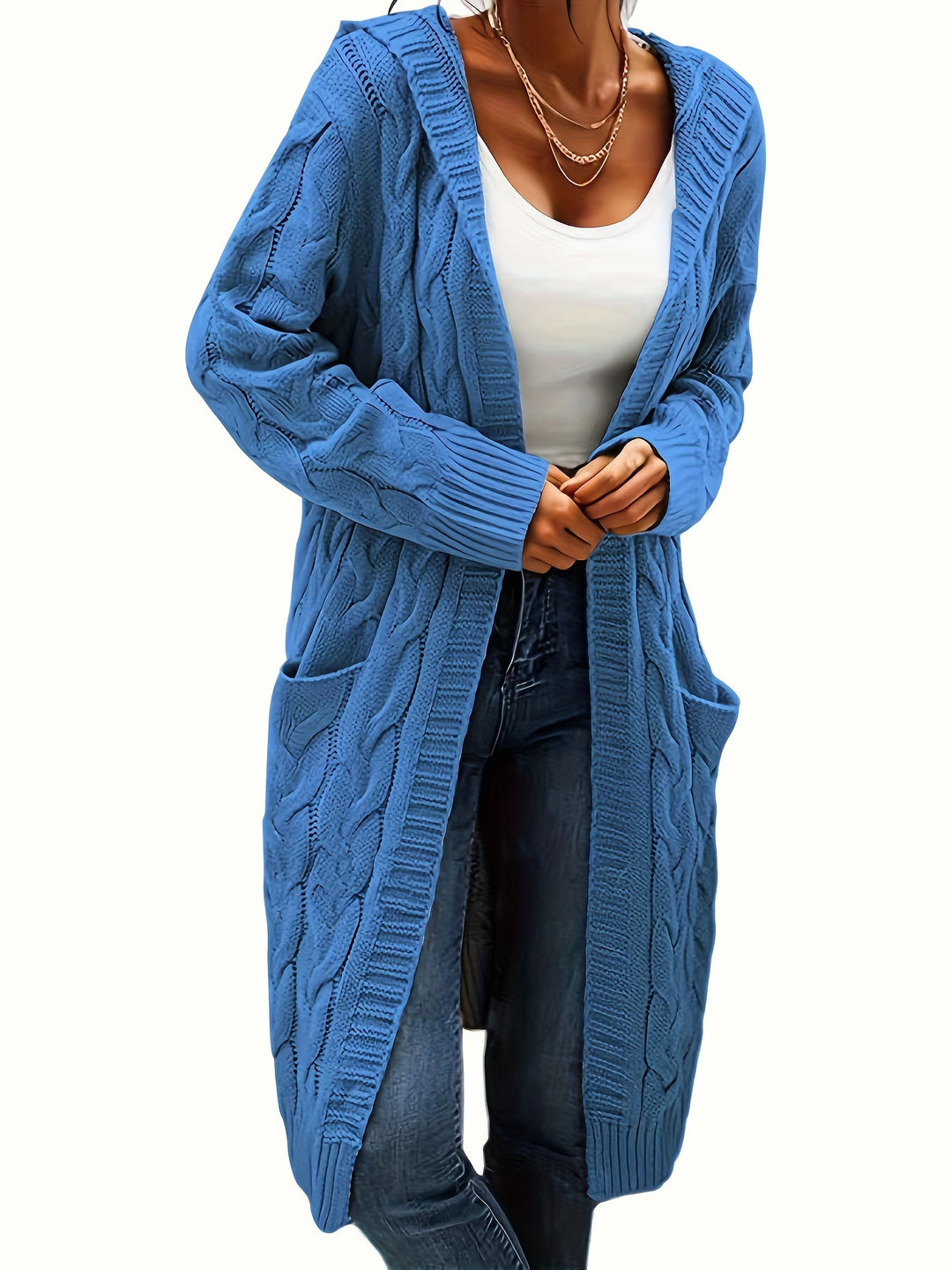 Hooded Cable Knit Cardigan in Blue | Valenira
