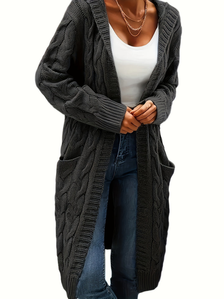Hooded Cable Knit Cardigan in Dark Gray | Valenira