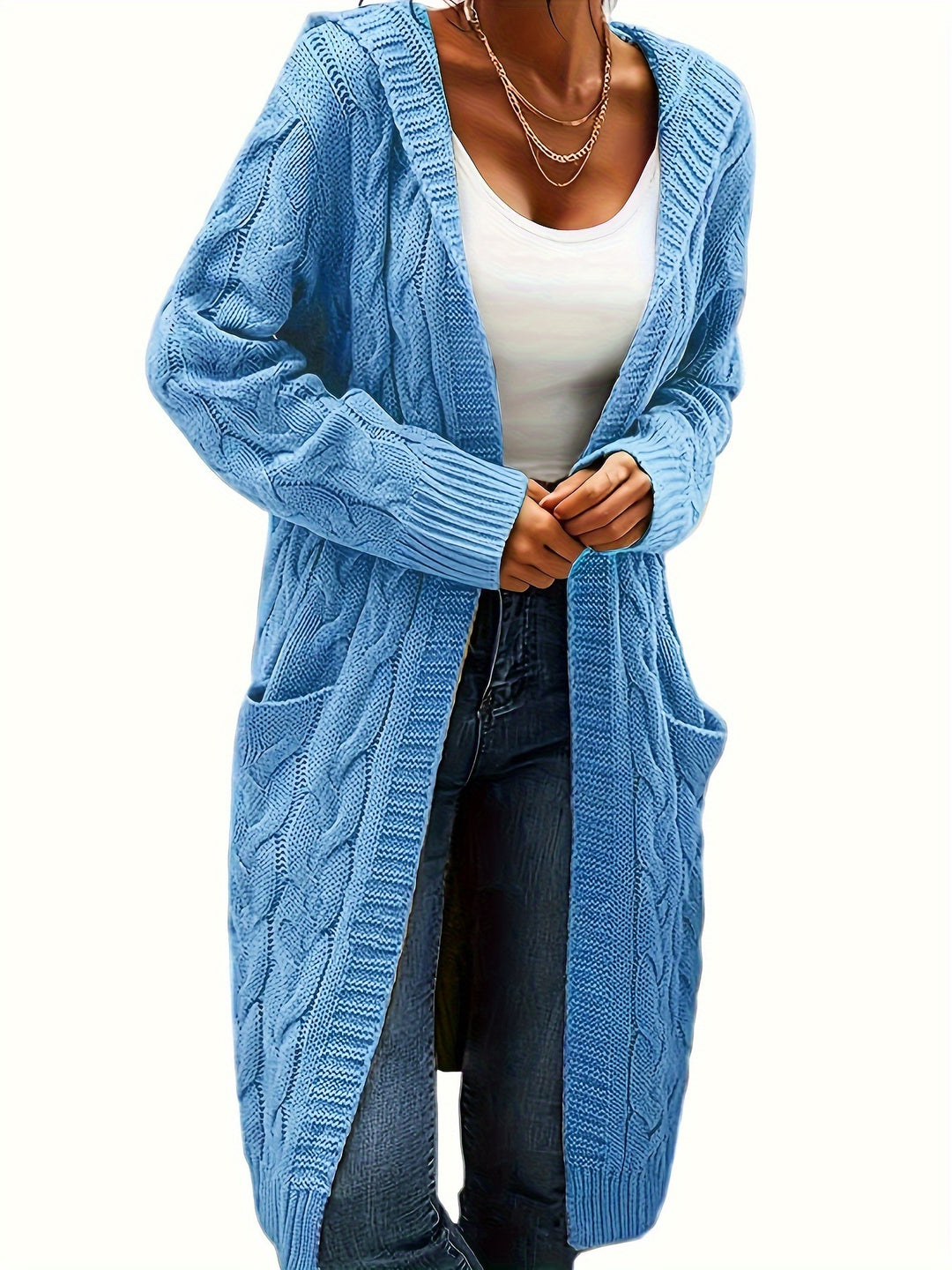 Hooded Cable Knit Cardigan in Sky Blue | Valenira