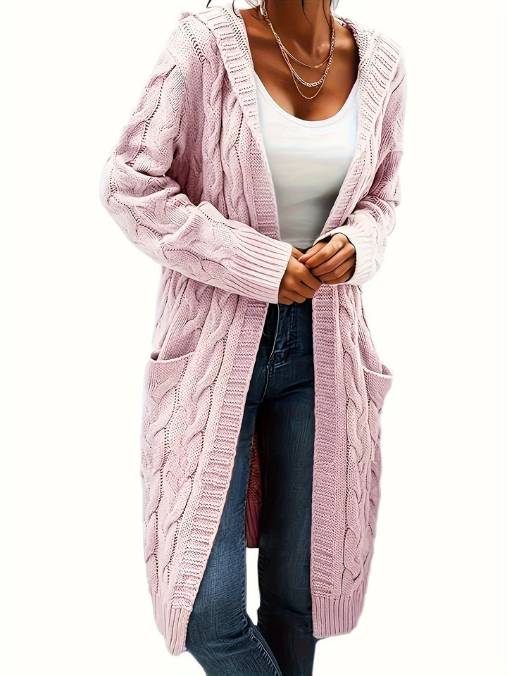 Hooded Cable Knit Cardigan in Pink | Valenira