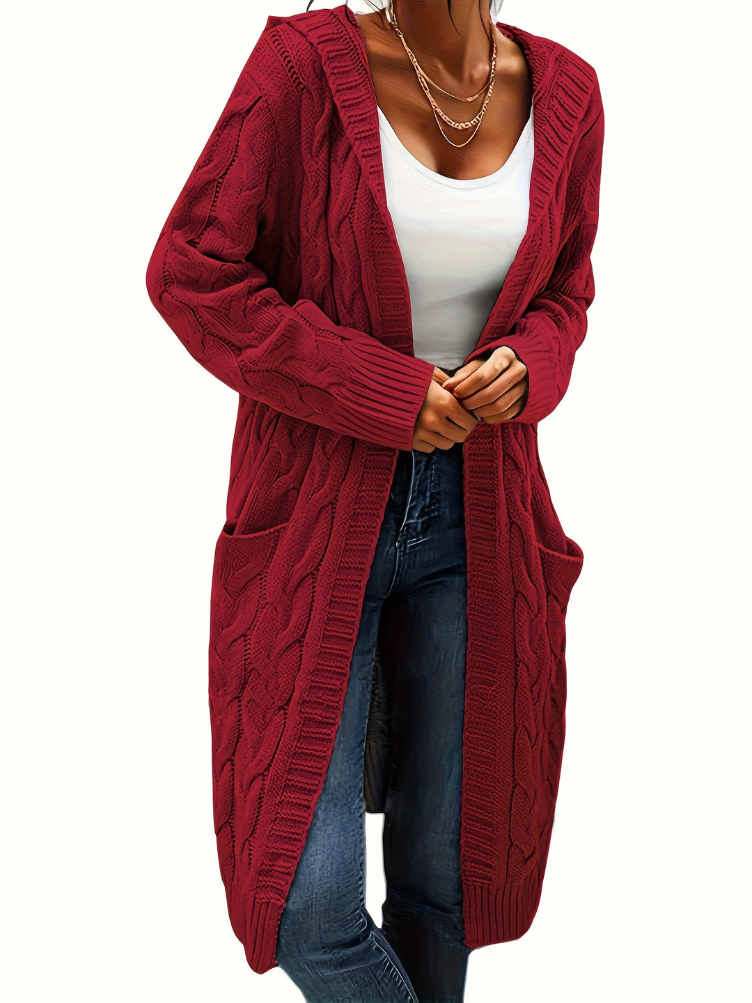 Hooded Cable Knit Cardigan in Red | Valenira