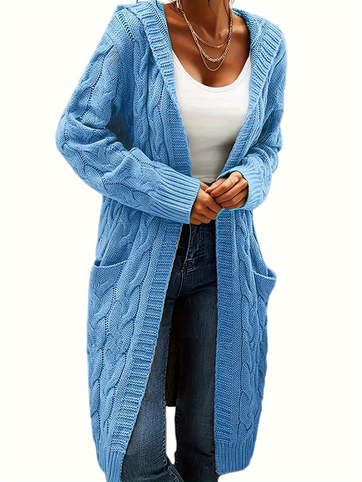 Hooded Cable Knit Cardigan in Sky Blue | Valenira