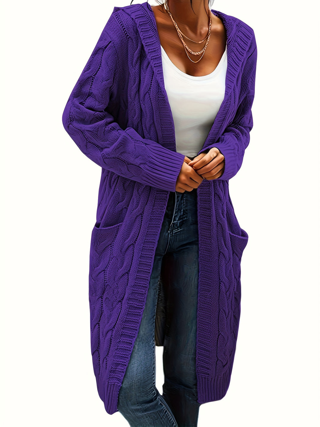 Hooded Cable Knit Cardigan in Violet | Valenira